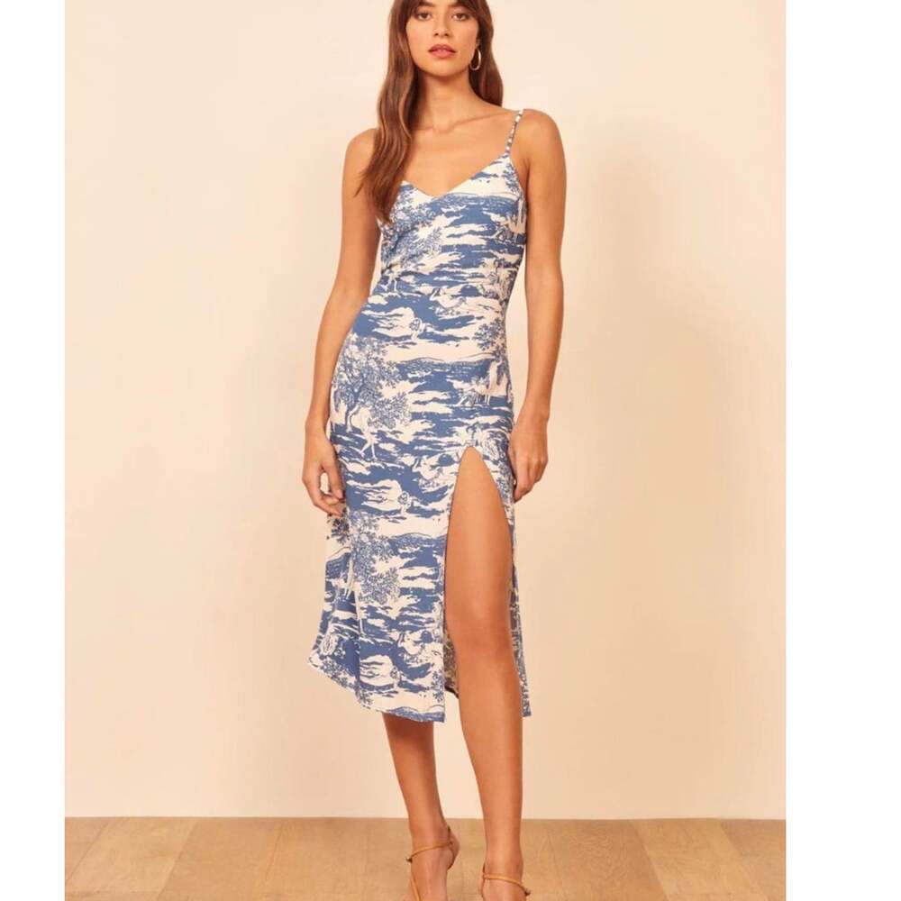 Reformation (2) Crimini Dress Toscana Blue White Toile Print Slit Midi